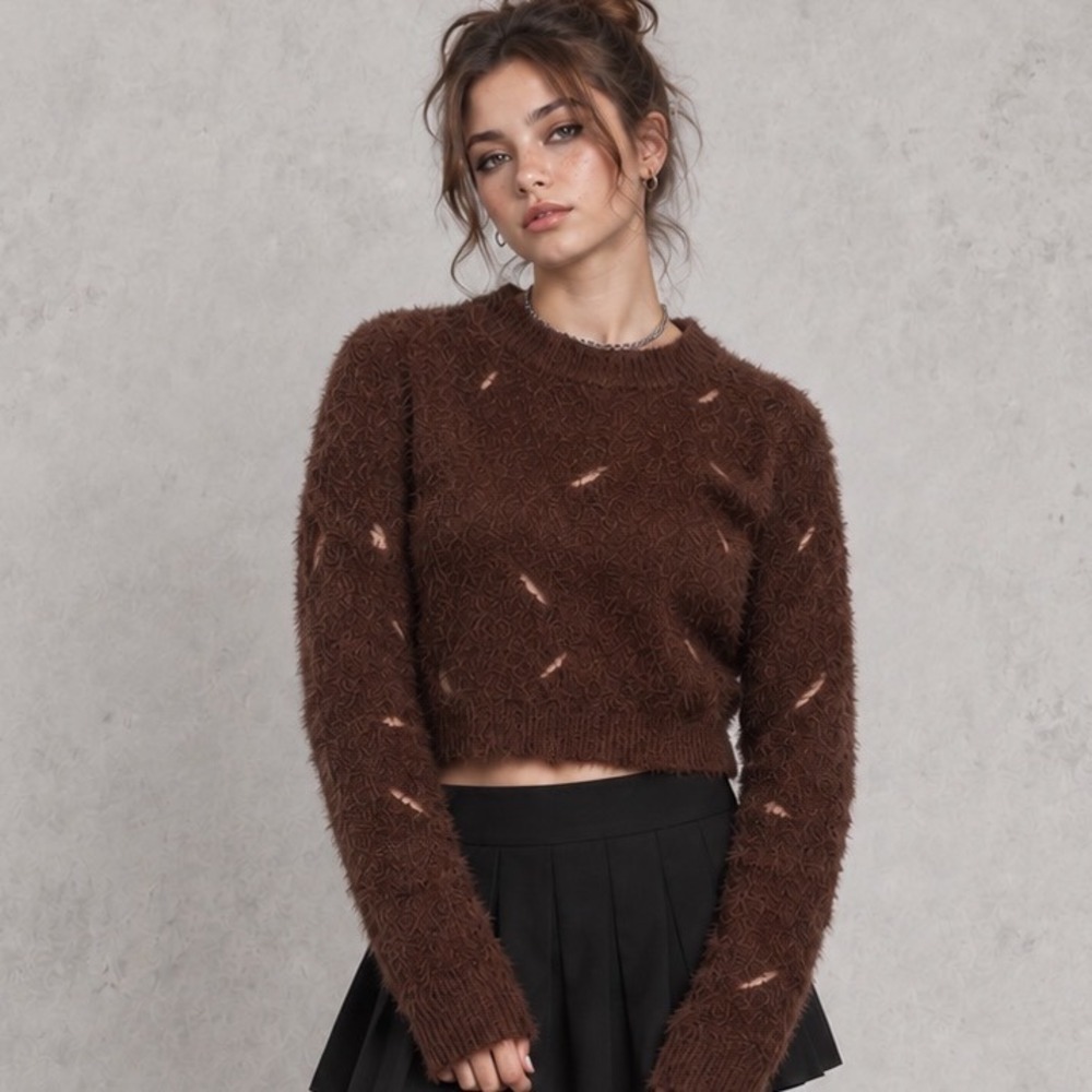 Princess Polly Brown Distressed Fuzzy Cropped Sweater Earth Club US 2 NWT